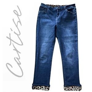 Cartise Size 10 High Waist Dark Wash Leopard Velour Cuffed Stretch Jeans